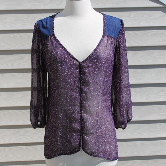 Lily Rose Women's Blouse Denim & Sheer Prairie Cottage Country Indie - Picture 5 of 13